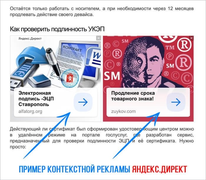 Пример контекстной рекламы Яндекс Директ на сайте